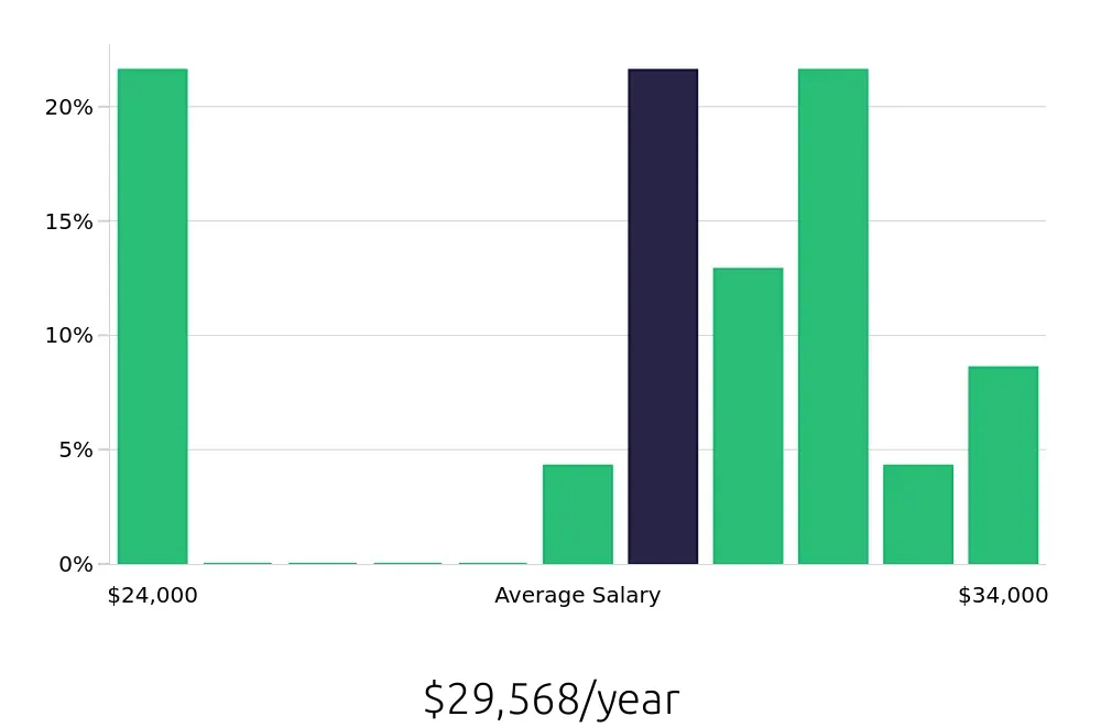 Graph depicting the yearly salary distribution for Dishwasher jobs in East Syracuse, NY, showing an average salary of $29,568 with varying distribution percentages across salary ranges.