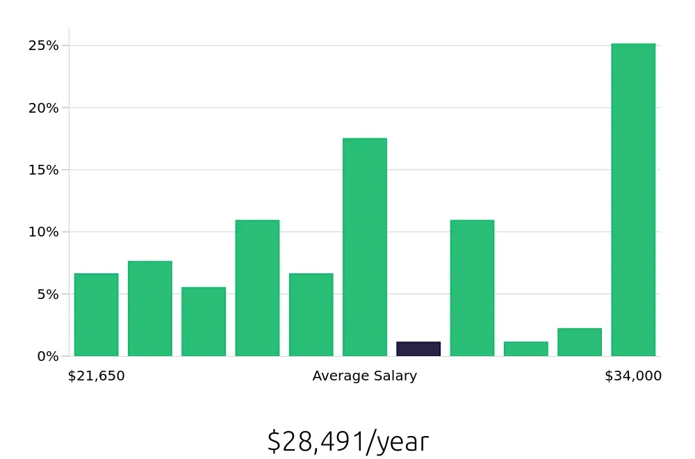 Graph depicting the yearly salary distribution for Dishwasher jobs in Hermitage, TN, showing an average salary of $28,491 with varying distribution percentages across salary ranges.