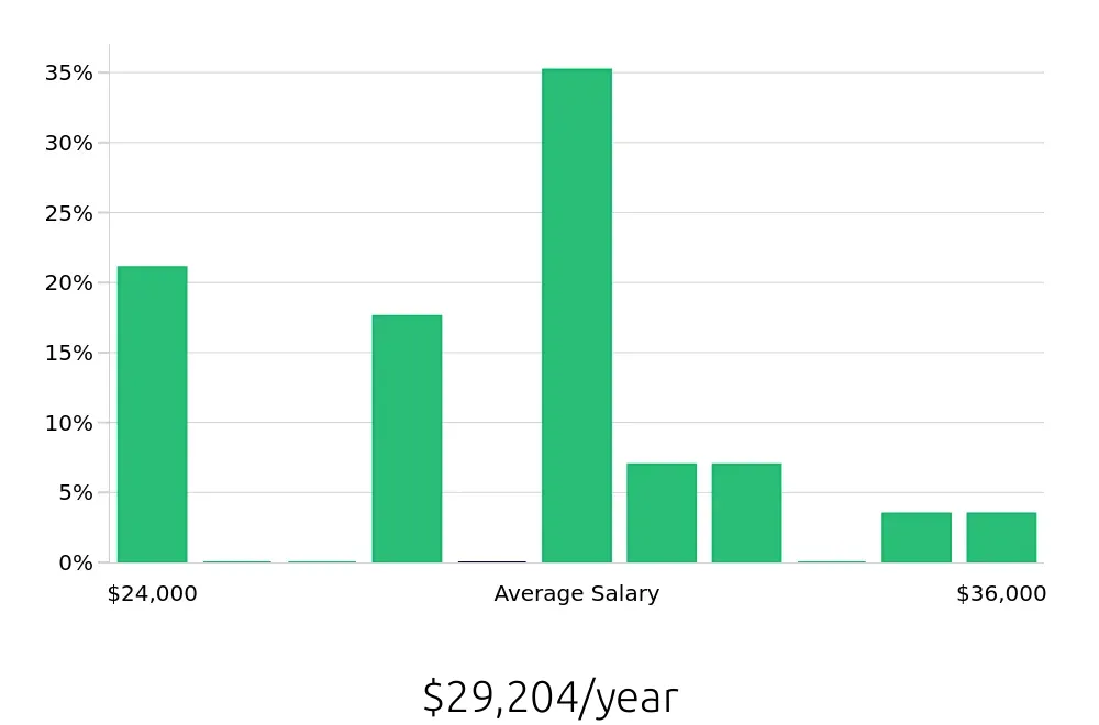 Graph depicting the yearly salary distribution for Dishwasher jobs in Hilo, HI, showing an average salary of $29,204 with varying distribution percentages across salary ranges.