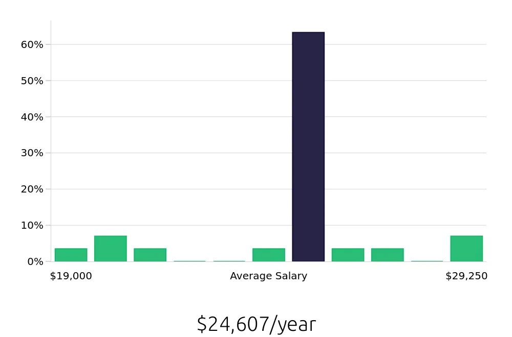Graph depicting the yearly salary distribution for Dishwasher jobs in Hutchinson, KS, showing an average salary of $24,607 with varying distribution percentages across salary ranges.