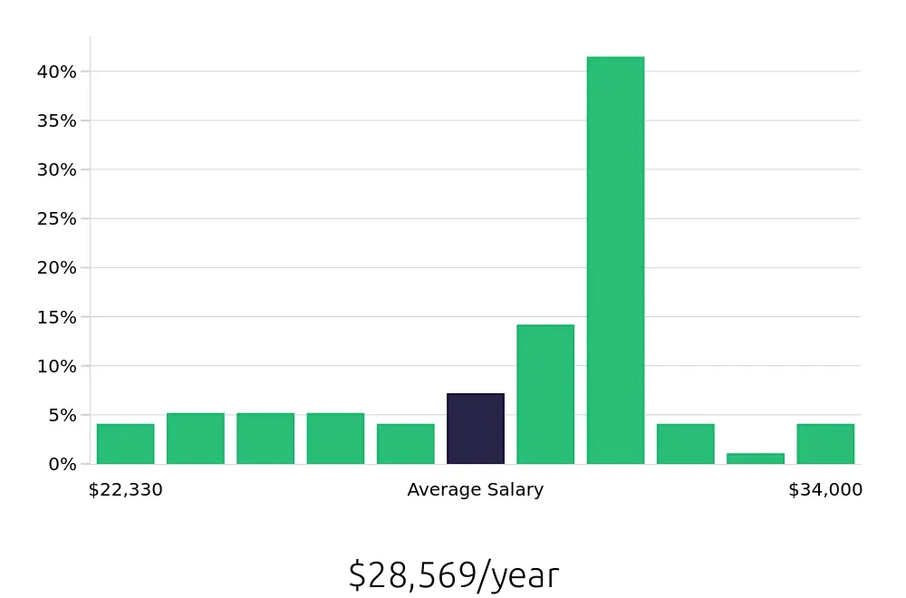 Graph depicting the yearly salary distribution for Dishwasher jobs in Jackson, MI, showing an average salary of $28,569 with varying distribution percentages across salary ranges.