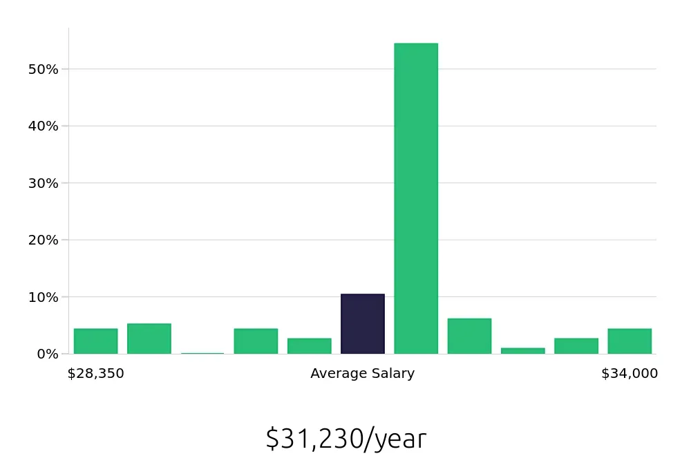 Graph depicting the yearly salary distribution for Dishwasher jobs in Manchester, CT, showing an average salary of $31,230 with varying distribution percentages across salary ranges.
