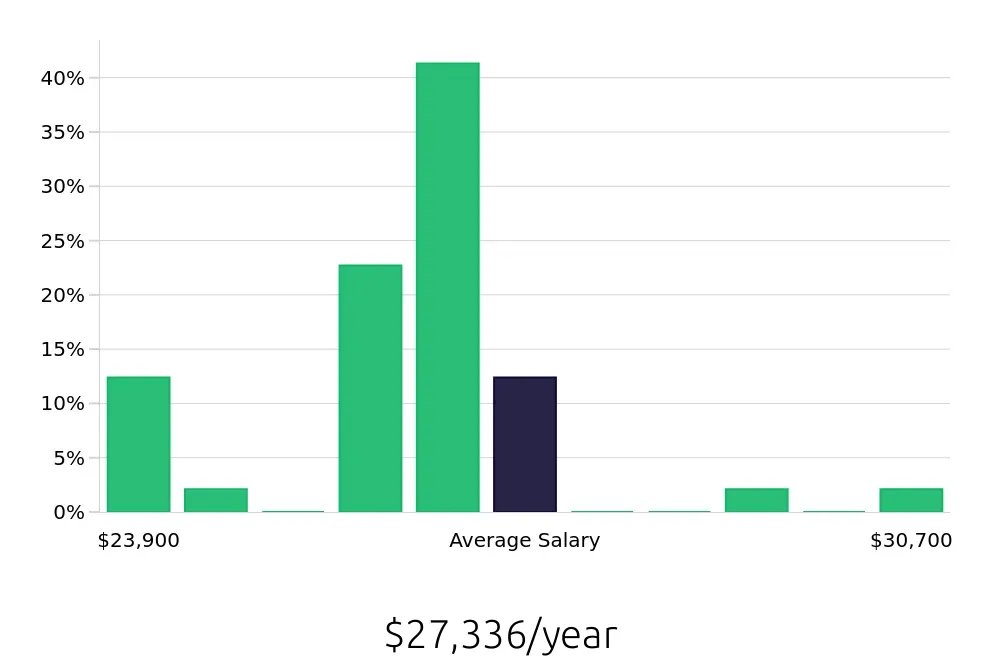 Graph depicting the yearly salary distribution for Dishwasher jobs in Michigan City, IN, showing an average salary of $27,336 with varying distribution percentages across salary ranges.