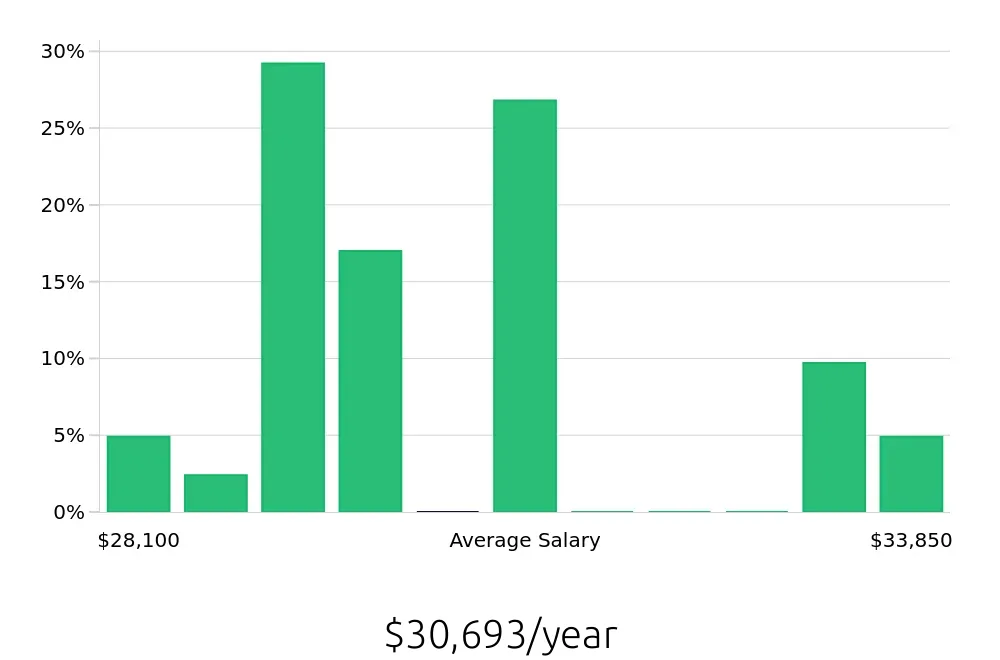 Graph depicting the yearly salary distribution for Dishwasher jobs in Morristown, NJ, showing an average salary of $30,693 with varying distribution percentages across salary ranges.