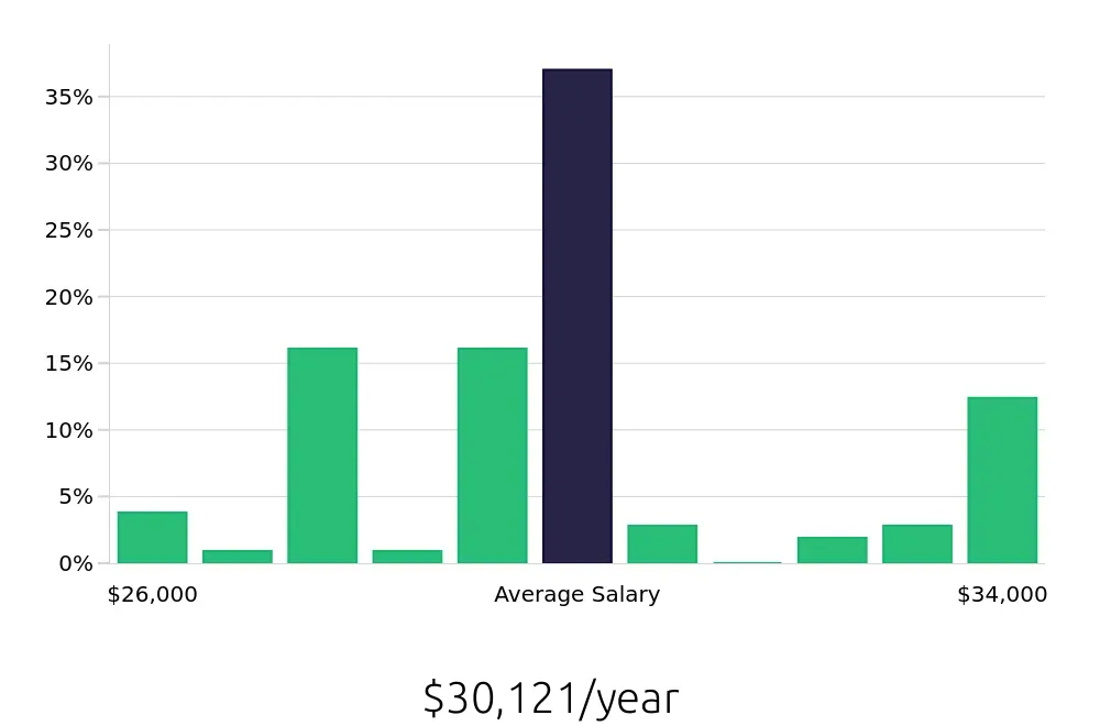 Graph depicting the yearly salary distribution for Dishwasher jobs in Petoskey, MI, showing an average salary of $30,121 with varying distribution percentages across salary ranges.
