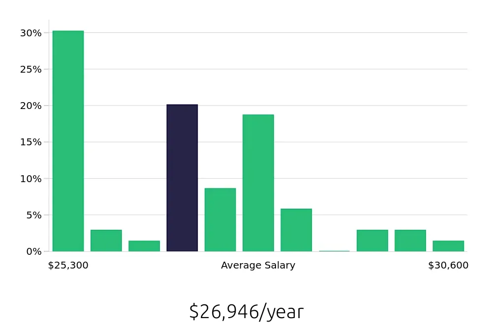 Graph depicting the yearly salary distribution for Dishwasher jobs in Roswell, NM, showing an average salary of $26,946 with varying distribution percentages across salary ranges.