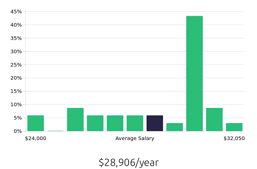 Graph depicting the yearly salary distribution for Dishwasher jobs in Stroudsburg, PA, showing an average salary of $28,906 with varying distribution percentages across salary ranges.