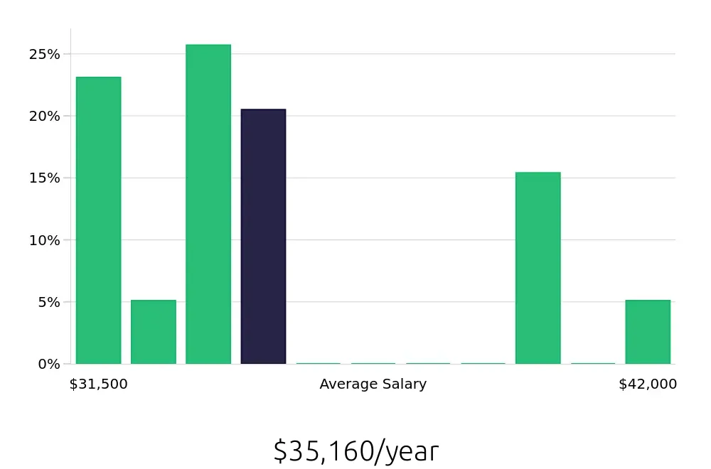 Graph depicting the yearly salary distribution for Dishwasher jobs in Vista, CA, showing an average salary of $35,160 with varying distribution percentages across salary ranges.