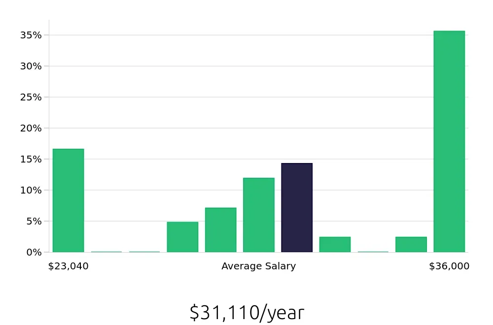 Graph depicting the yearly salary distribution for Dishwasher jobs in Wausau, WI, showing an average salary of $31,110 with varying distribution percentages across salary ranges.