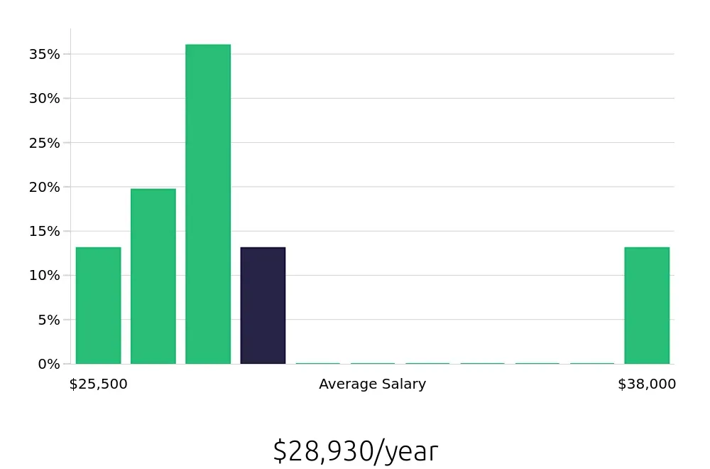 Graph depicting the yearly salary distribution for Dishwasher jobs in Waynesboro, VA, showing an average salary of $28,930 with varying distribution percentages across salary ranges.