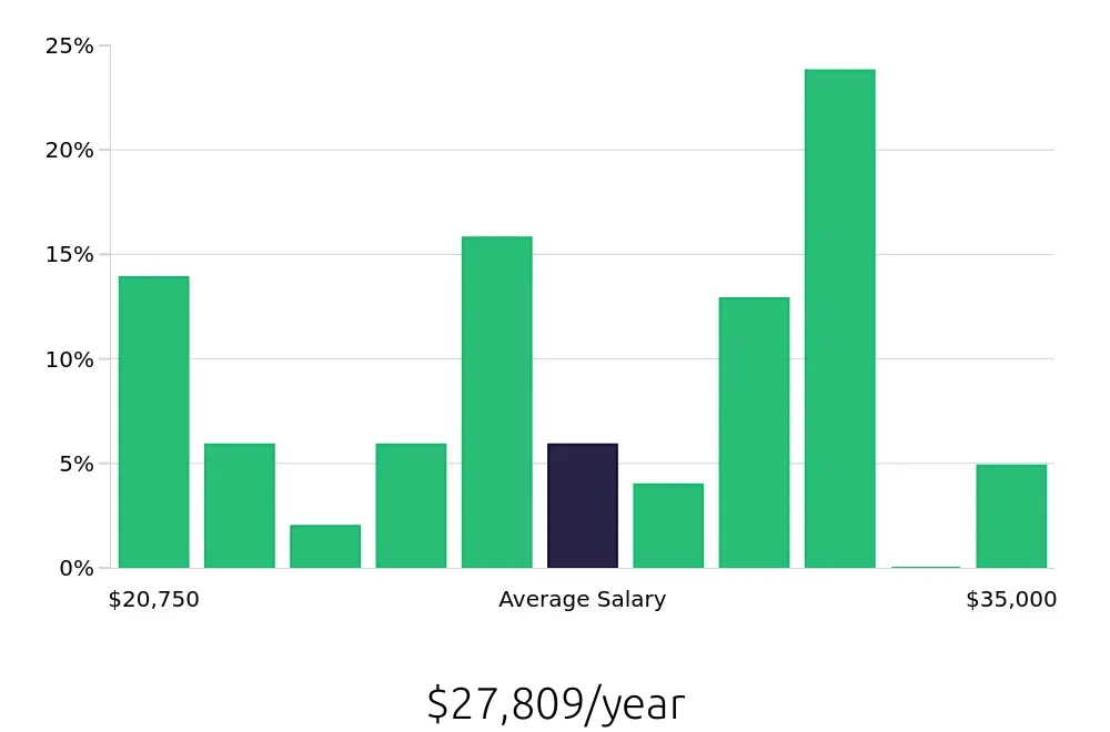 Graph depicting the yearly salary distribution for Dishwasher jobs in Webster, TX, showing an average salary of $27,809 with varying distribution percentages across salary ranges.