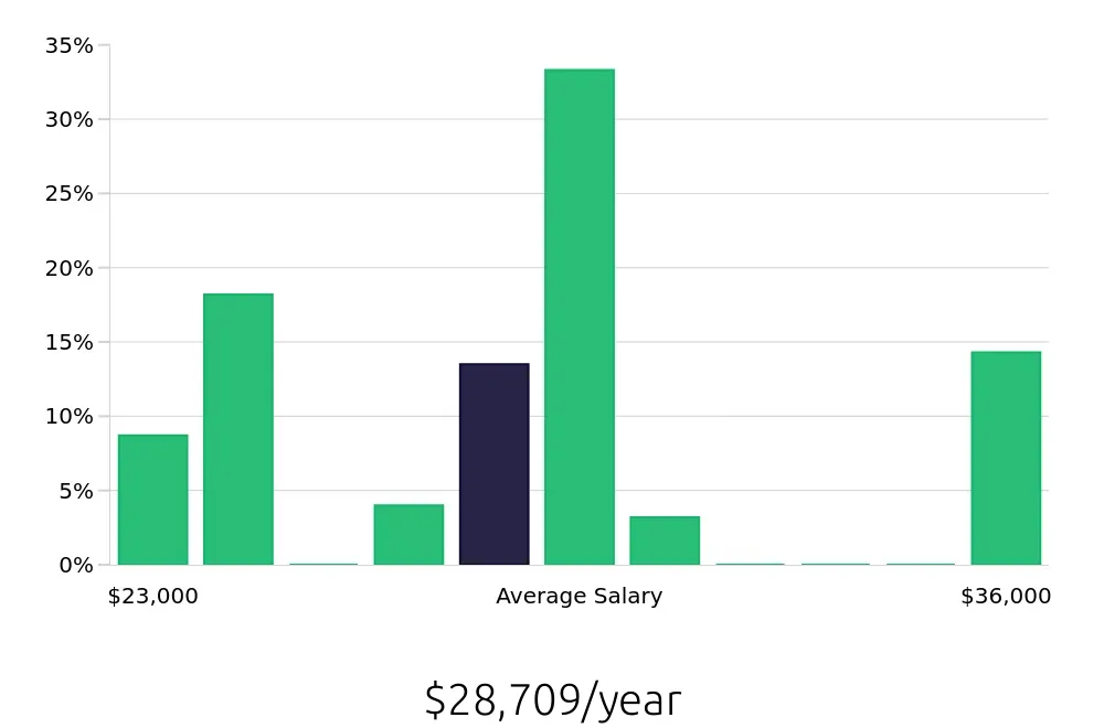 Graph depicting the yearly salary distribution for Dishwasher jobs in Willoughby, OH, showing an average salary of $28,709 with varying distribution percentages across salary ranges.