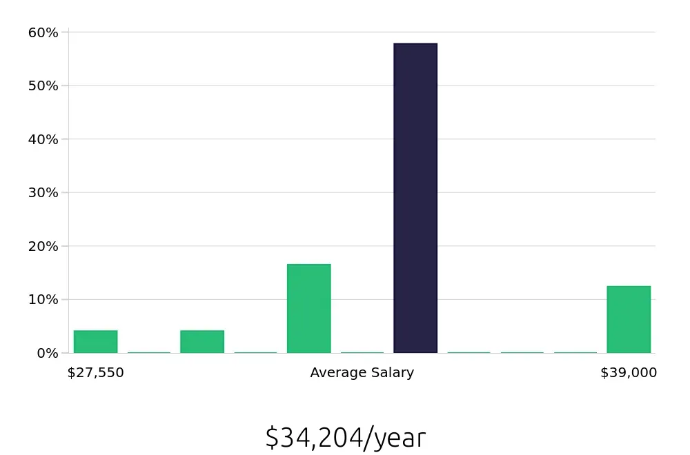 Graph depicting the yearly salary distribution for General Laborer jobs in Bessemer, AL, showing an average salary of $34,204 with varying distribution percentages across salary ranges.