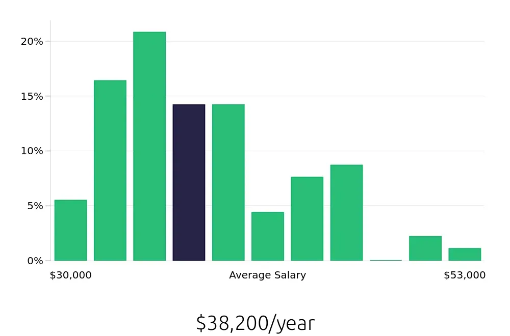 Graph depicting the yearly salary distribution for General Laborer jobs in Buffalo, NY, showing an average salary of $38,200 with varying distribution percentages across salary ranges.