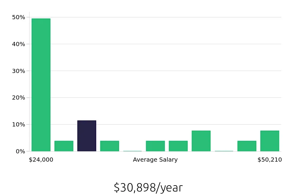 Graph depicting the yearly salary distribution for General Laborer jobs in Chester, VA, showing an average salary of $30,898 with varying distribution percentages across salary ranges.