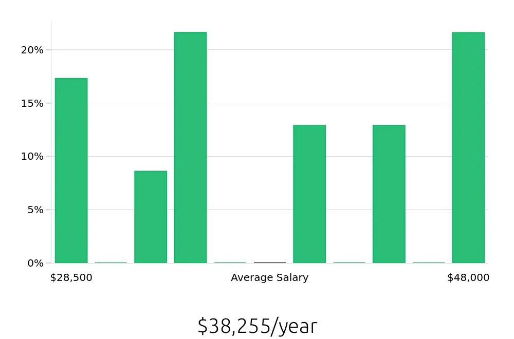 Graph depicting the yearly salary distribution for General Laborer jobs in Owatonna, MN, showing an average salary of $38,255 with varying distribution percentages across salary ranges.
