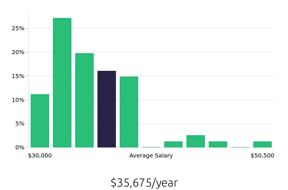 Graph depicting the yearly salary distribution for General Laborer jobs in Syracuse, NY, showing an average salary of $35,675 with varying distribution percentages across salary ranges.