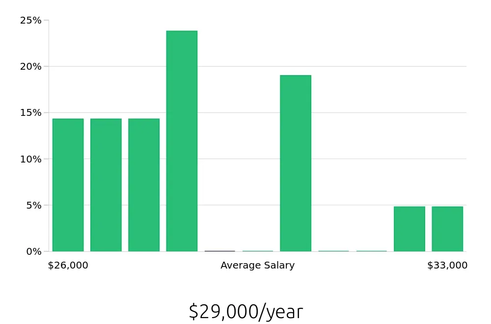Graph depicting the yearly salary distribution for Guest Services jobs in Denton, TX, showing an average salary of $29,000 with varying distribution percentages across salary ranges.