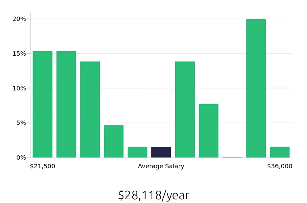 Graph depicting the yearly salary distribution for Home Health Aide jobs in Alliance, OH, showing an average salary of $28,118 with varying distribution percentages across salary ranges.