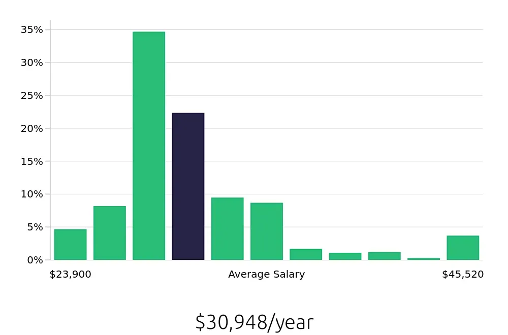 Graph depicting the yearly salary distribution for Housekeeper jobs in Tampa, FL, showing an average salary of $30,948 with varying distribution percentages across salary ranges.