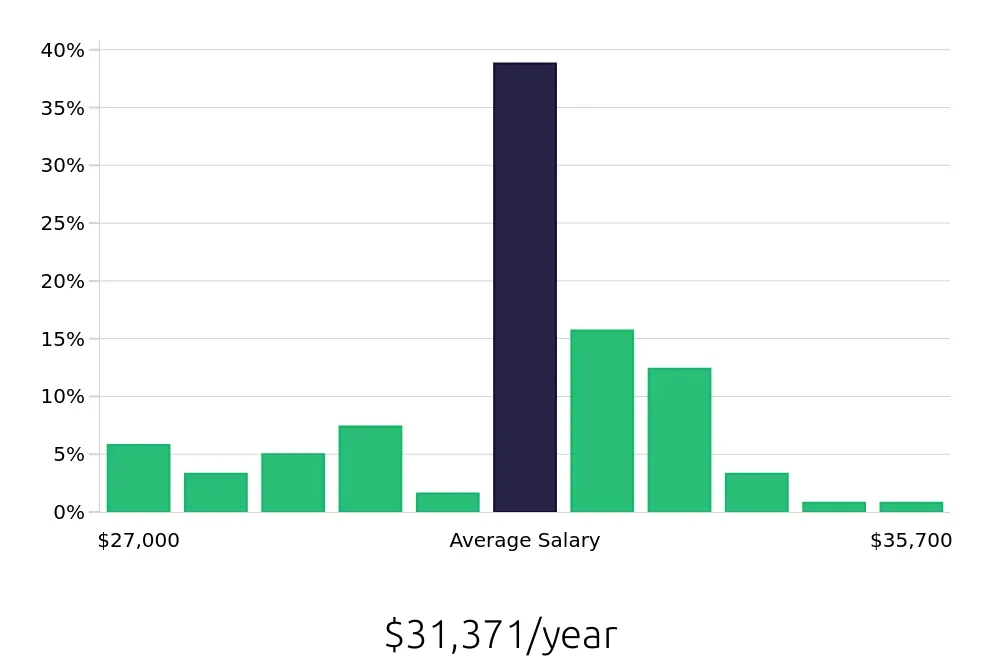 Graph depicting the yearly salary distribution for Housekeeping jobs in Blacksburg, VA, showing an average salary of $31,371 with varying distribution percentages across salary ranges.