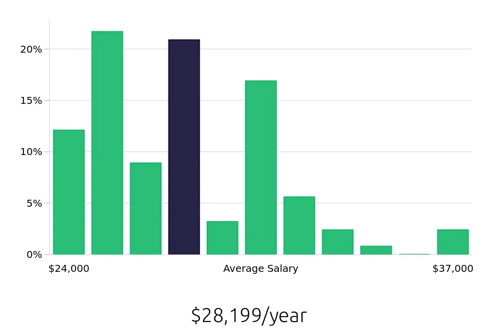 Graph depicting the yearly salary distribution for Housekeeping jobs in Boone, NC, showing an average salary of $28,199 with varying distribution percentages across salary ranges.
