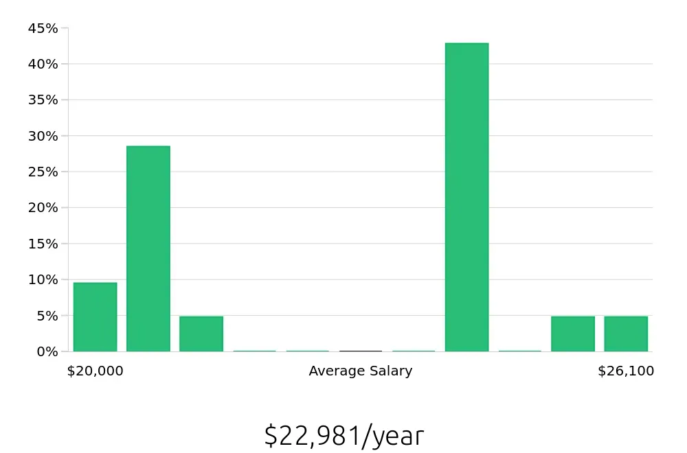 Graph depicting the yearly salary distribution for Housekeeping jobs in Camden, SC, showing an average salary of $22,981 with varying distribution percentages across salary ranges.