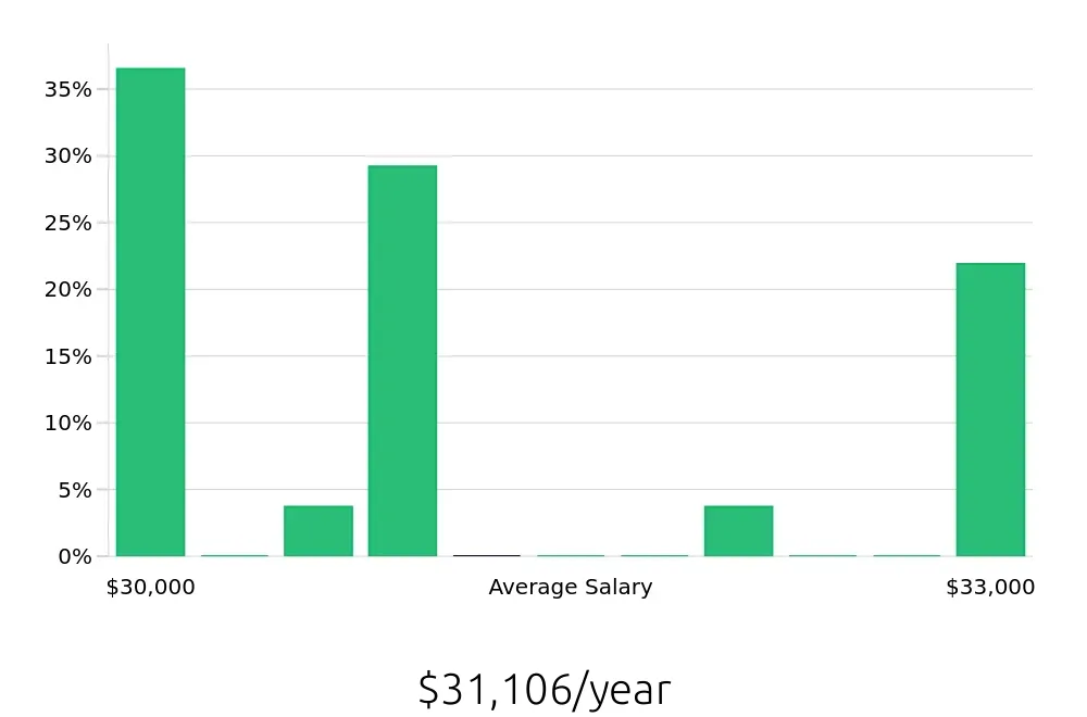 Graph depicting the yearly salary distribution for Housekeeping jobs in Cicero, NY, showing an average salary of $31,106 with varying distribution percentages across salary ranges.