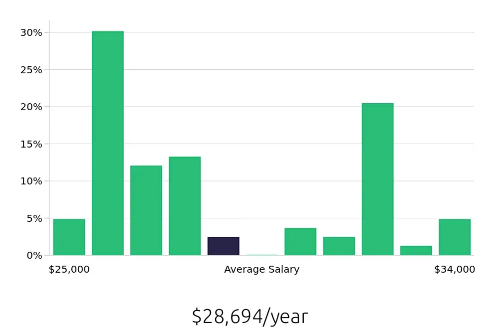 Graph depicting the yearly salary distribution for Housekeeping jobs in Hoover, AL, showing an average salary of $28,694 with varying distribution percentages across salary ranges.