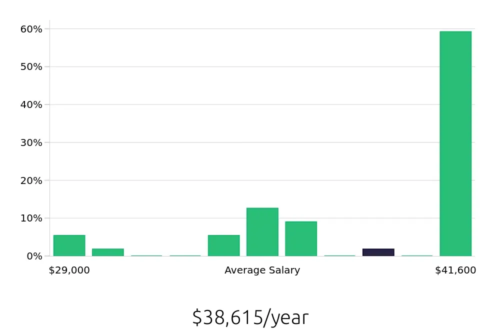 Graph depicting the yearly salary distribution for Housekeeping jobs in Macomb, MI, showing an average salary of $38,615 with varying distribution percentages across salary ranges.
