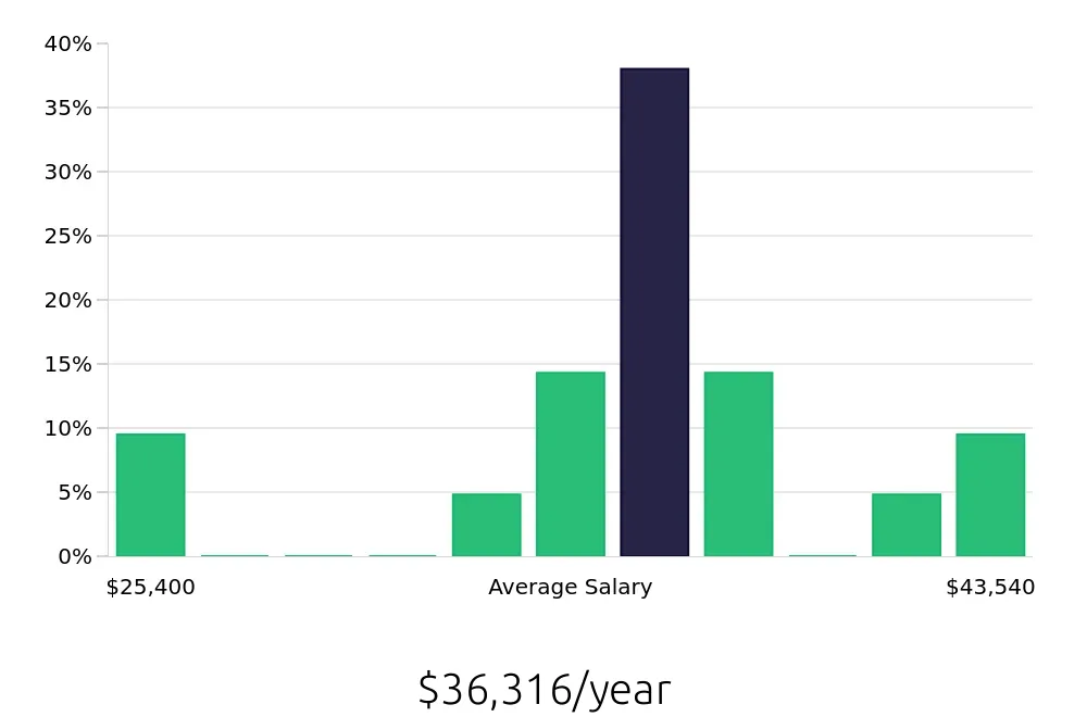 Graph depicting the yearly salary distribution for Housekeeping jobs in New Rochelle, NY, showing an average salary of $36,316 with varying distribution percentages across salary ranges.