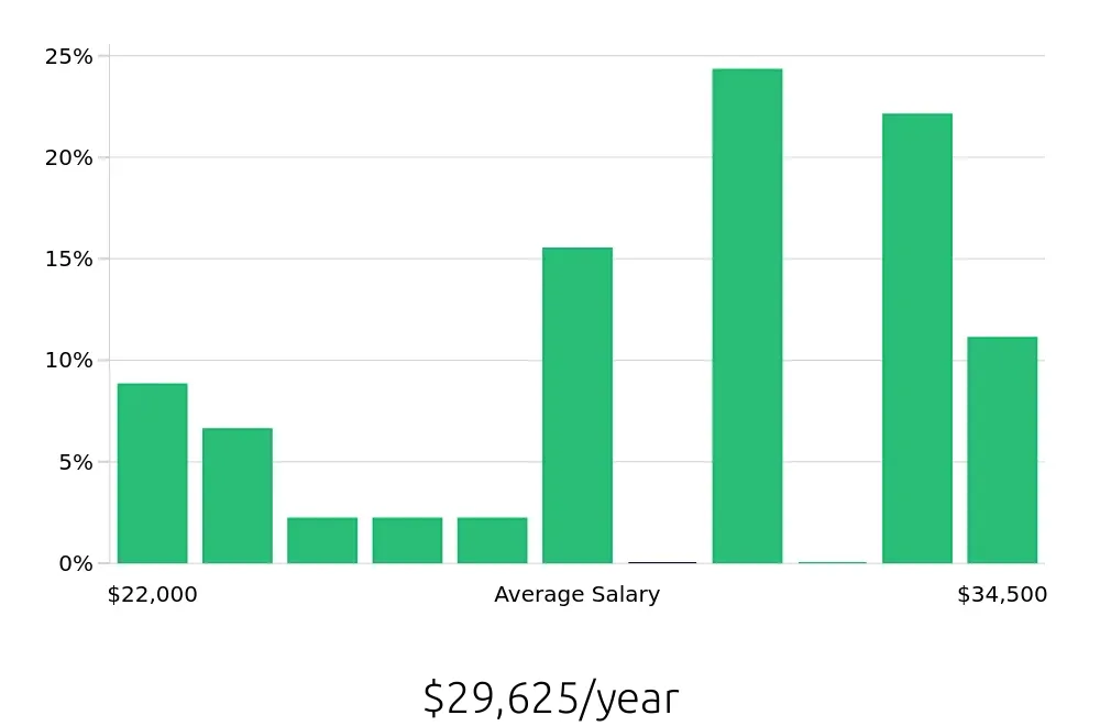 Graph depicting the yearly salary distribution for In Home Caregiver jobs in Bridgeville, PA, showing an average salary of $29,625 with varying distribution percentages across salary ranges.
