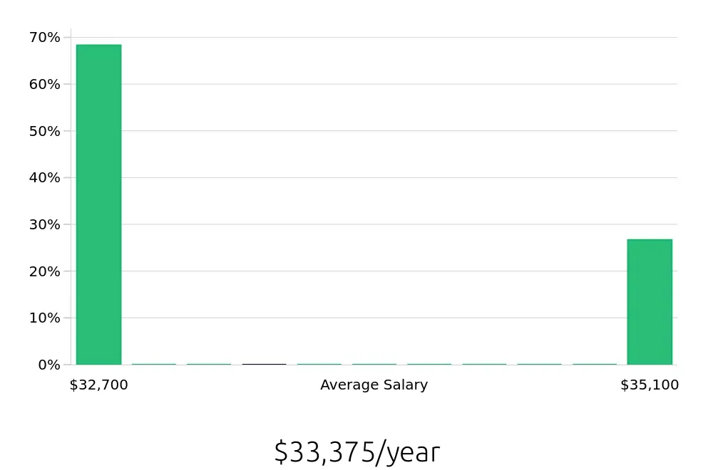 Graph depicting the yearly salary distribution for In Home Caregiver jobs in Jamestown, NY, showing an average salary of $33,375 with varying distribution percentages across salary ranges.