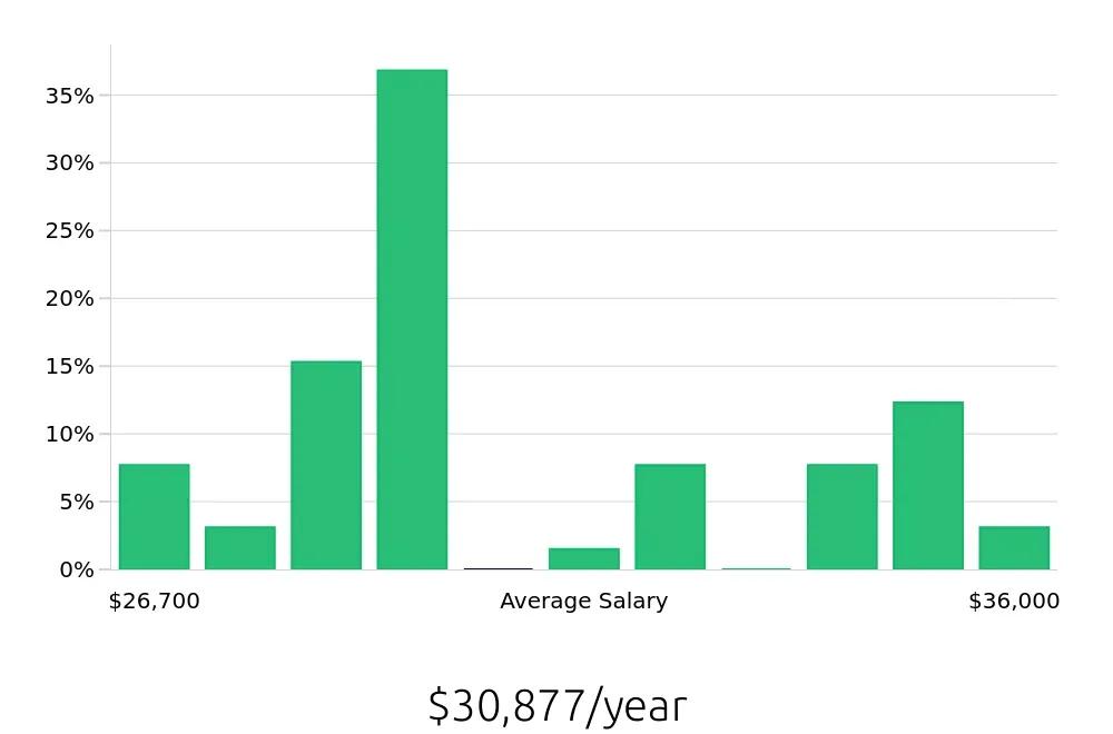 Graph depicting the yearly salary distribution for In Home Caregiver jobs in Lewisville, TX, showing an average salary of $30,877 with varying distribution percentages across salary ranges.