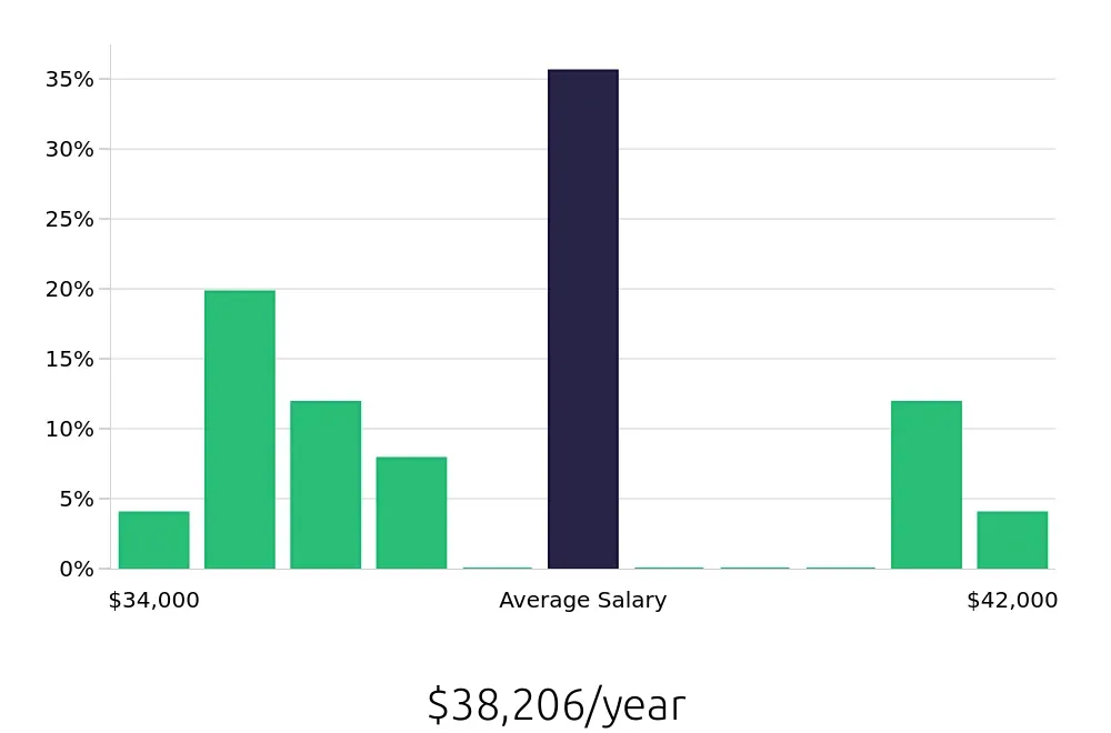 Graph depicting the yearly salary distribution for Inventory Specialist jobs in Braselton, GA, showing an average salary of $38,206 with varying distribution percentages across salary ranges.