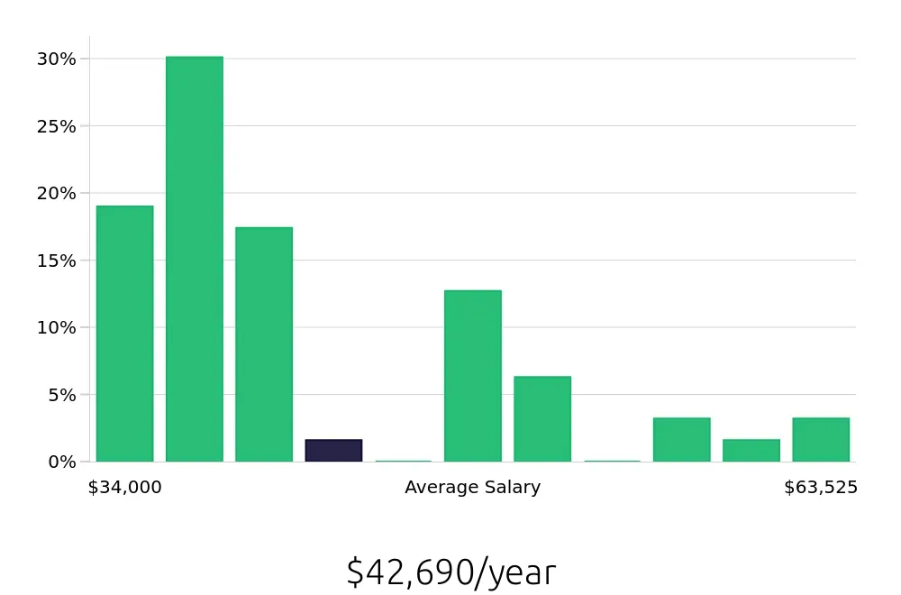 Graph depicting the yearly salary distribution for Inventory Specialist jobs in Irving, TX, showing an average salary of $42,690 with varying distribution percentages across salary ranges.