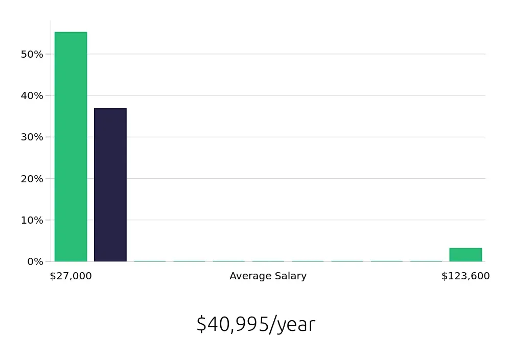Graph depicting the yearly salary distribution for Inventory Specialist jobs in Mooresville, NC, showing an average salary of $40,995 with varying distribution percentages across salary ranges.