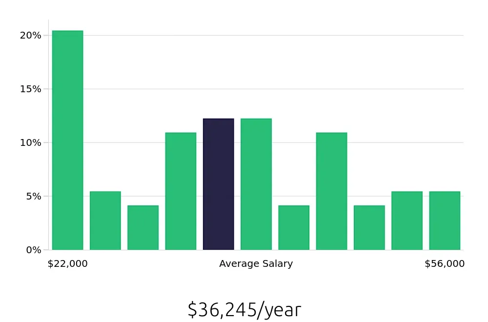 Graph depicting the yearly salary distribution for Laborer jobs in El Paso, TX, showing an average salary of $36,245 with varying distribution percentages across salary ranges.