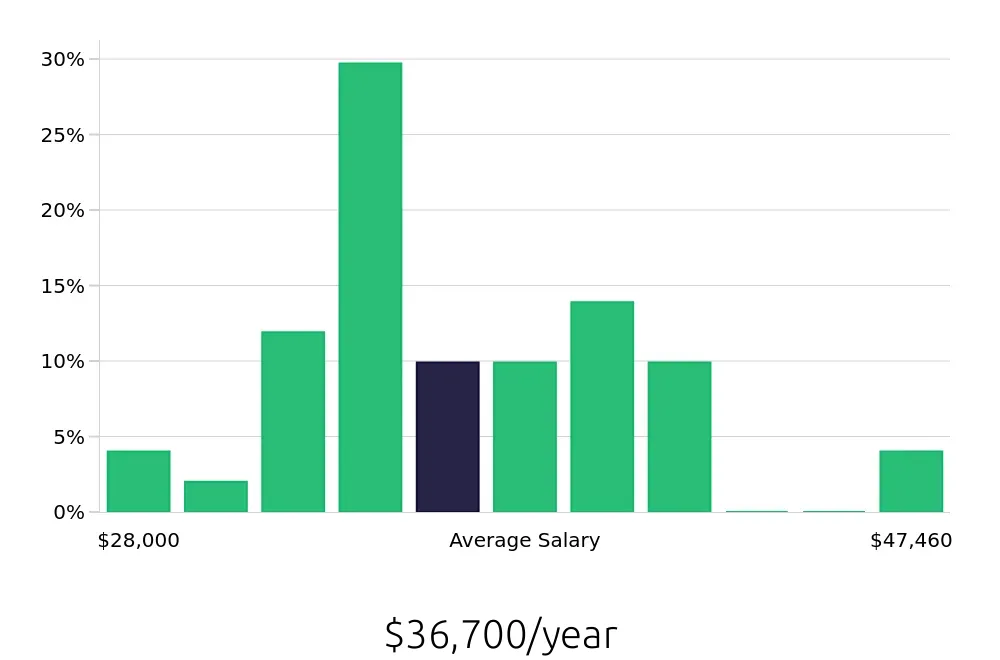 Graph depicting the yearly salary distribution for Laborer jobs in Wichita, KS, showing an average salary of $36,700 with varying distribution percentages across salary ranges.