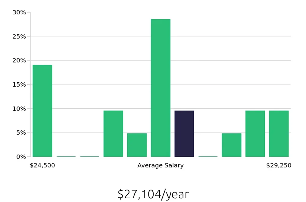 Graph depicting the yearly salary distribution for Laundry Aide jobs in Florence, SC, showing an average salary of $27,104 with varying distribution percentages across salary ranges.