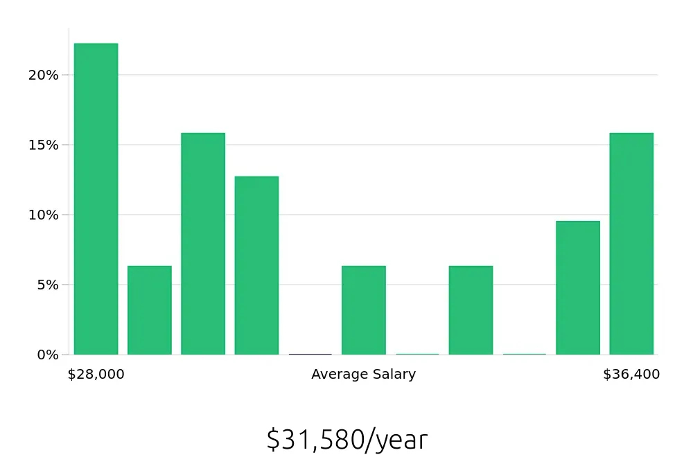 Graph depicting the yearly salary distribution for Leasing Consultant jobs in Brookfield, WI, showing an average salary of $31,580 with varying distribution percentages across salary ranges.
