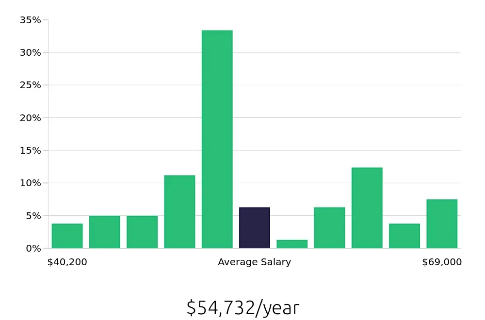Graph depicting the yearly salary distribution for Licensed Practical Nurse jobs in Blacksburg, VA, showing an average salary of $54,732 with varying distribution percentages across salary ranges.