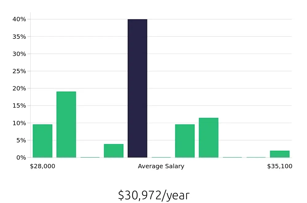 Graph depicting the yearly salary distribution for Line Cook jobs in Rolla, MO, showing an average salary of $30,972 with varying distribution percentages across salary ranges.