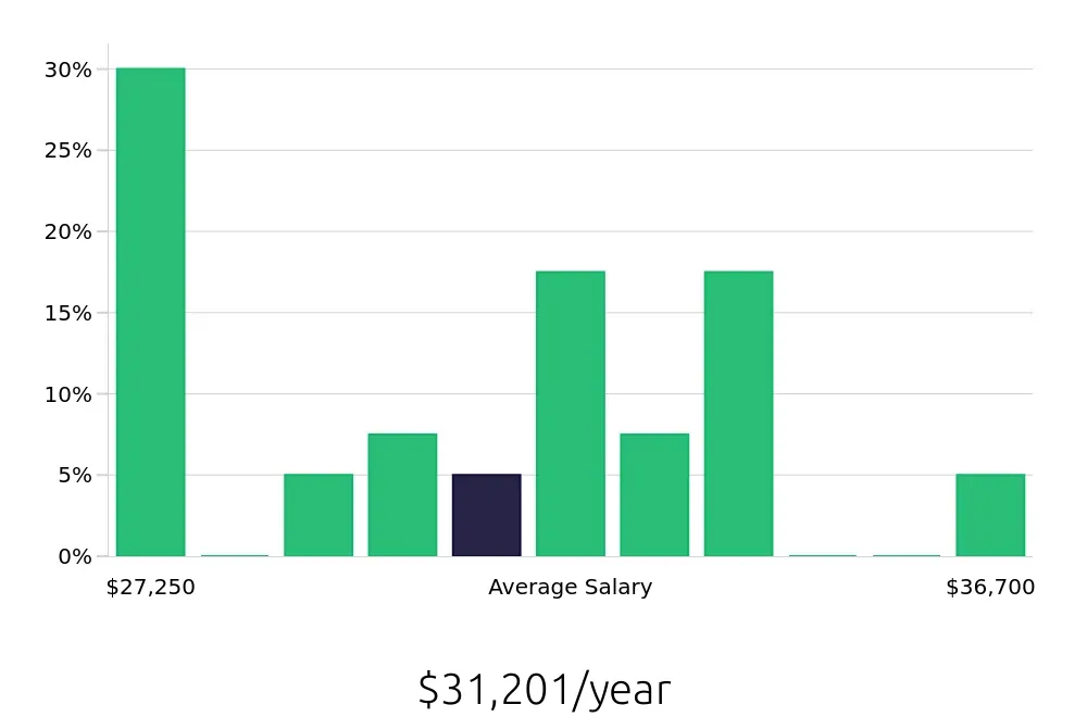 Graph depicting the yearly salary distribution for Line Cook jobs in Stroudsburg, PA, showing an average salary of $31,201 with varying distribution percentages across salary ranges.