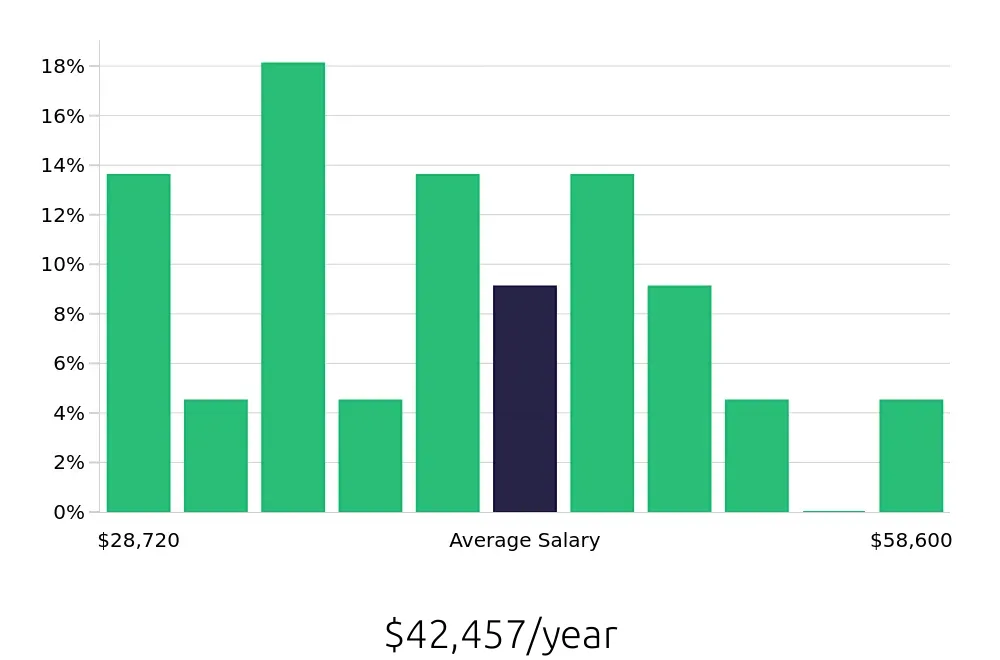 Graph depicting the yearly salary distribution for Maintenance Mechanic jobs in Brownsville, TX, showing an average salary of $42,457 with varying distribution percentages across salary ranges.