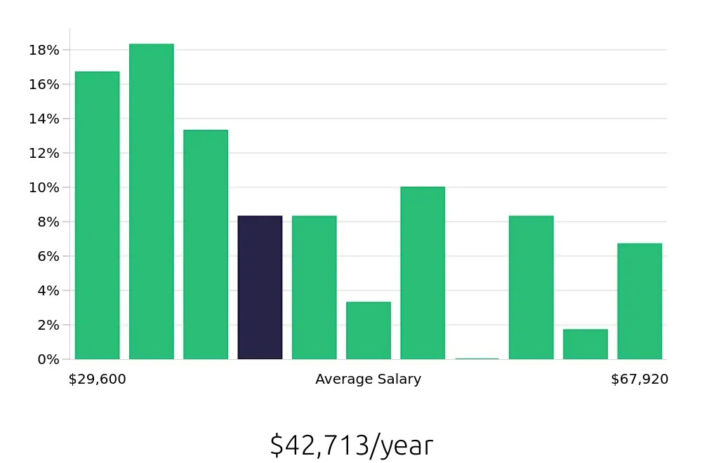 Graph depicting the yearly salary distribution for Maintenance Technician jobs in Bristol, VA, showing an average salary of $42,713 with varying distribution percentages across salary ranges.