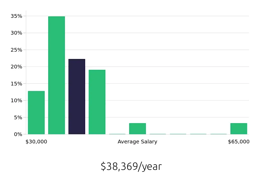 Graph depicting the yearly salary distribution for Material Handler jobs in Binghamton, NY, showing an average salary of $38,369 with varying distribution percentages across salary ranges.