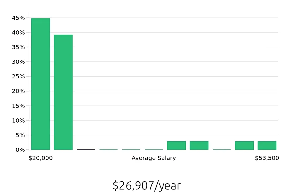 Graph depicting the yearly salary distribution for Member Services Representative jobs in Smyrna, GA, showing an average salary of $26,907 with varying distribution percentages across salary ranges.