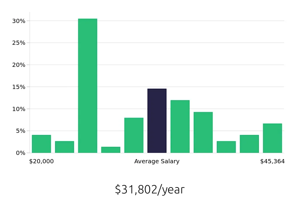 Graph depicting the yearly salary distribution for Merchandiser jobs in Anderson, SC, showing an average salary of $31,802 with varying distribution percentages across salary ranges.