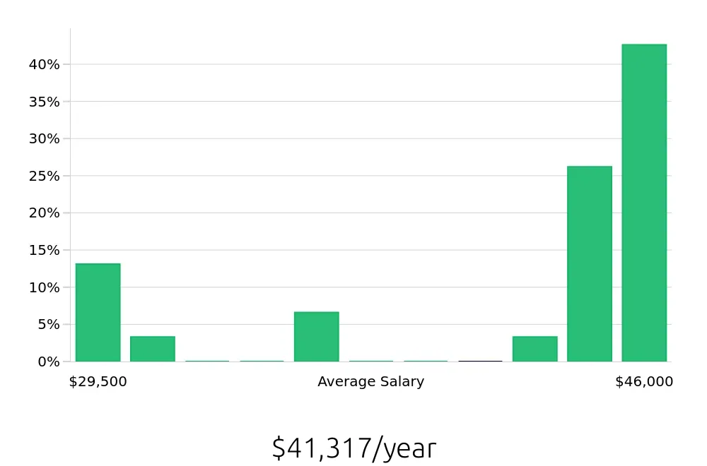 Graph depicting the yearly salary distribution for Merchandiser jobs in Apple Valley, MN, showing an average salary of $41,317 with varying distribution percentages across salary ranges.